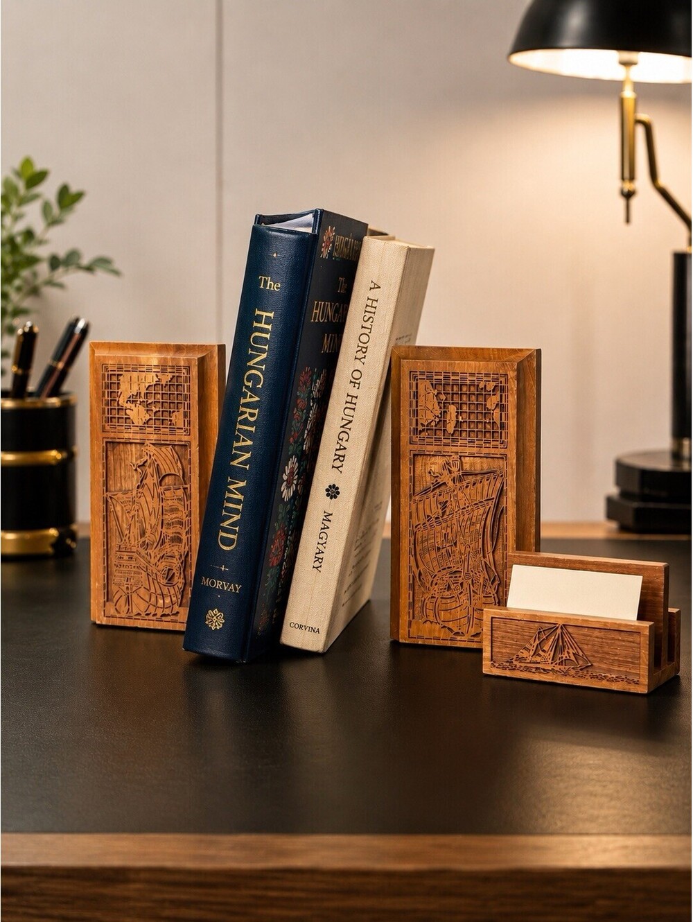 Lasercraft 1970s 2 Bookends & Card Holder Desk Set Walnut Tall Ship World Map
